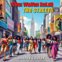 A visually striking cover design titled 'When Women Ruled The Streets', featuring a vibrant, realistic city street scene brimming with life
