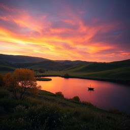 A breathtaking landscape featuring rolling hills under a vibrant sunset sky with shades of orange, pink, and purple