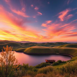 A breathtaking landscape featuring rolling hills under a vibrant sunset sky with shades of orange, pink, and purple