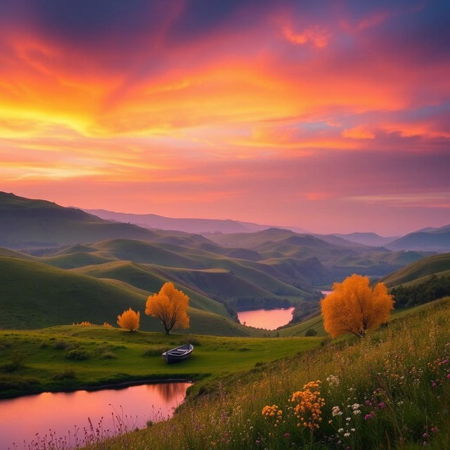 A breathtaking landscape featuring rolling hills under a vibrant sunset sky with shades of orange, pink, and purple