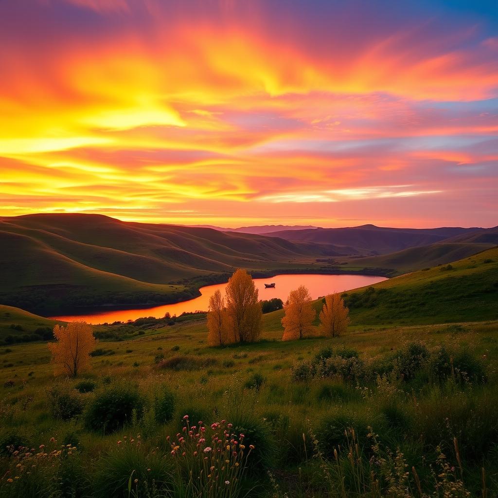 A breathtaking landscape featuring rolling hills under a vibrant sunset sky with shades of orange, pink, and purple