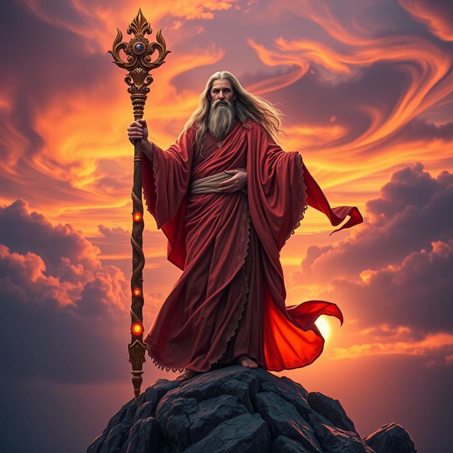 A majestic prophet standing atop a rocky mountain cliff, holding a beautifully detailed staff adorned with intricate carvings and glowing gemstones