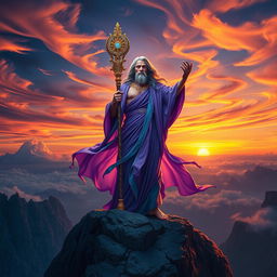 A majestic prophet standing atop a rocky mountain cliff, holding a beautifully detailed staff adorned with intricate carvings and glowing gemstones
