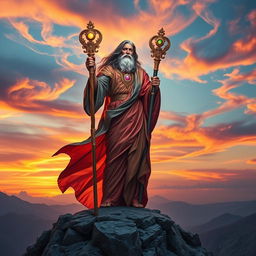A majestic prophet standing atop a rocky mountain cliff, holding a beautifully detailed staff adorned with intricate carvings and glowing gemstones