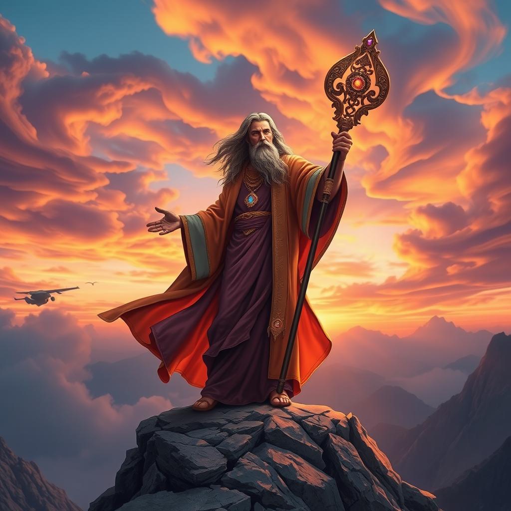 A majestic prophet standing atop a rocky mountain cliff, holding a beautifully detailed staff adorned with intricate carvings and glowing gemstones