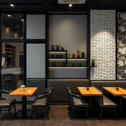 An elegantly designed restaurant interior showcasing a prominent glass door with a height of 3 meters and a width of 3