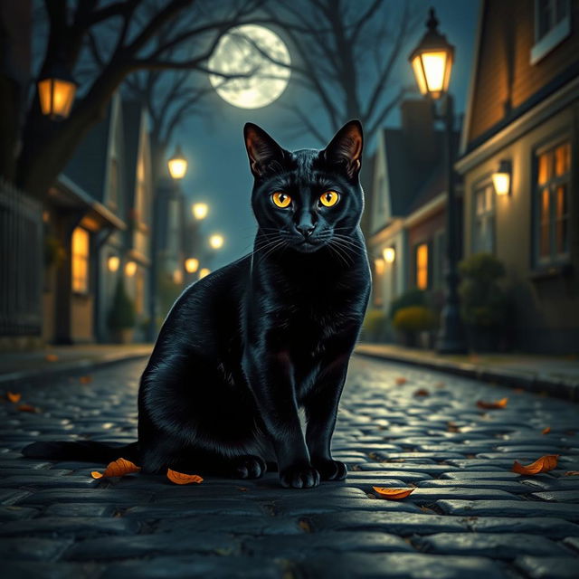 A sleek black cat sitting gracefully in a cobblestone street, under a soft glow of vintage street lamps