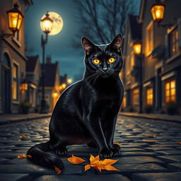 A sleek black cat sitting gracefully in a cobblestone street, under a soft glow of vintage street lamps