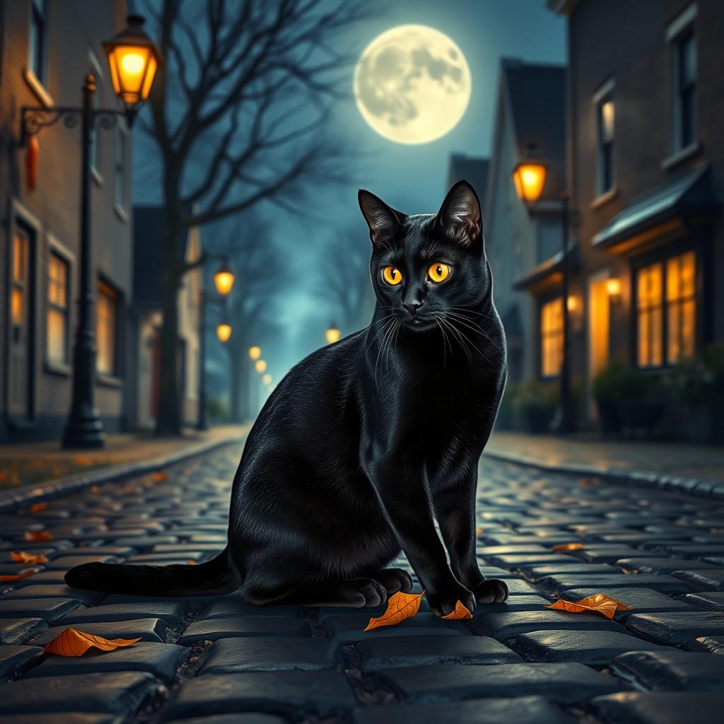 A sleek black cat sitting gracefully in a cobblestone street, under a soft glow of vintage street lamps