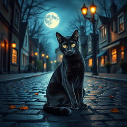 A sleek black cat sitting gracefully in a cobblestone street, under a soft glow of vintage street lamps