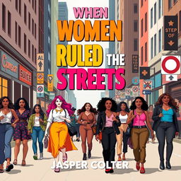 A realistic city street setting bustling with life, featuring women of diverse backgrounds confidently walking and engaging in dynamic activities