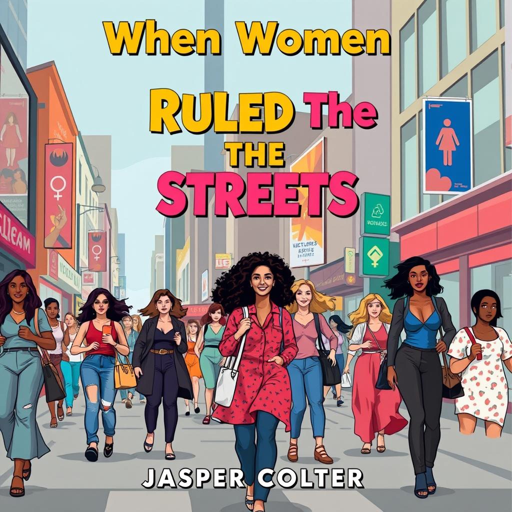 A realistic city street setting bustling with life, featuring women of diverse backgrounds confidently walking and engaging in dynamic activities