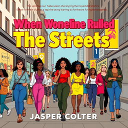 A realistic city street setting bustling with life, featuring women of diverse backgrounds confidently walking and engaging in dynamic activities