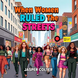 A realistic city street setting bustling with life, featuring women of diverse backgrounds confidently walking and engaging in dynamic activities