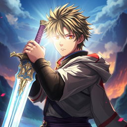 A young anime male warrior facing a bright, radiant light, holding a beautifully designed sword with intricate details