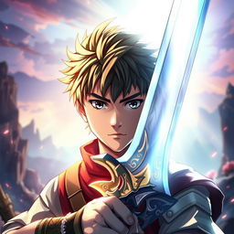 A young anime male warrior facing a bright, radiant light, holding a beautifully designed sword with intricate details