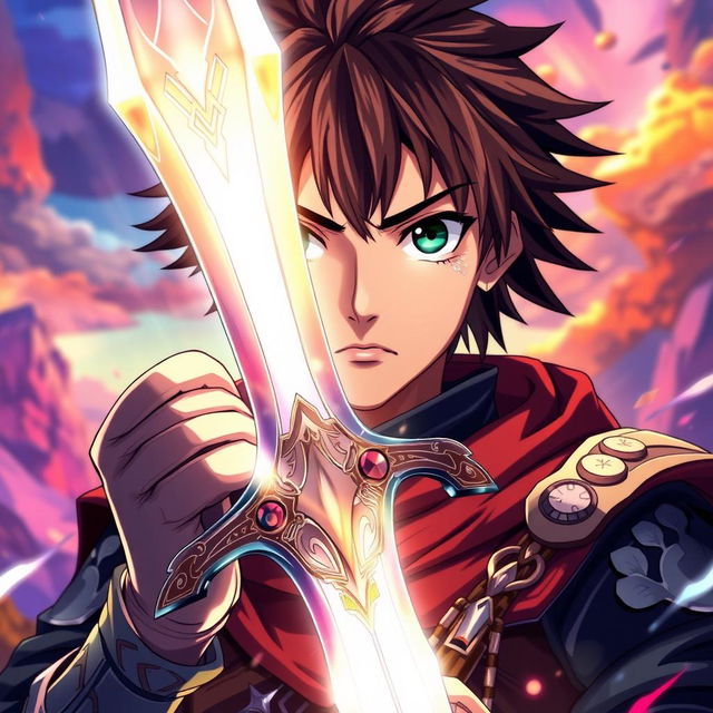 A young anime male warrior facing a bright, radiant light, holding a beautifully designed sword with intricate details