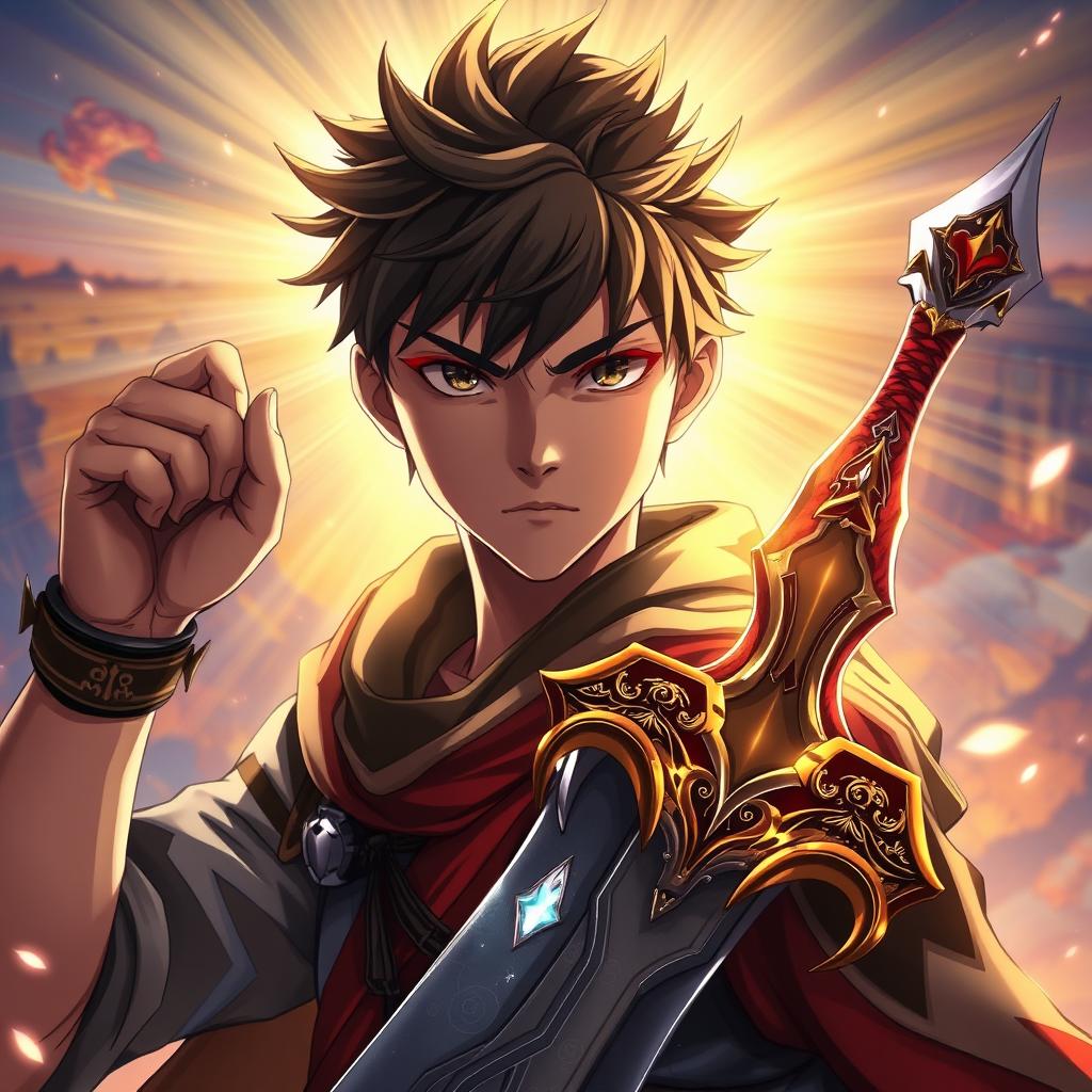 A young anime male warrior facing a bright, radiant light, holding a beautifully designed sword with intricate details