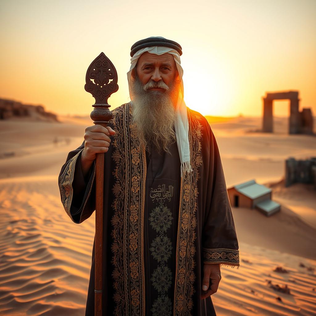 A wise, elderly Arab prophet standing in a desert landscape, wearing traditional flowing robes adorned with intricate gold embroidery