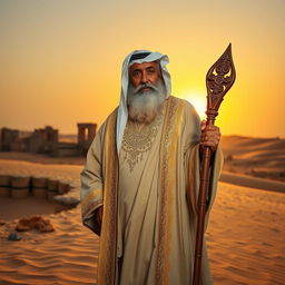 A wise, elderly Arab prophet standing in a desert landscape, wearing traditional flowing robes adorned with intricate gold embroidery
