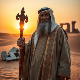 A wise, elderly Arab prophet standing in a desert landscape, wearing traditional flowing robes adorned with intricate gold embroidery