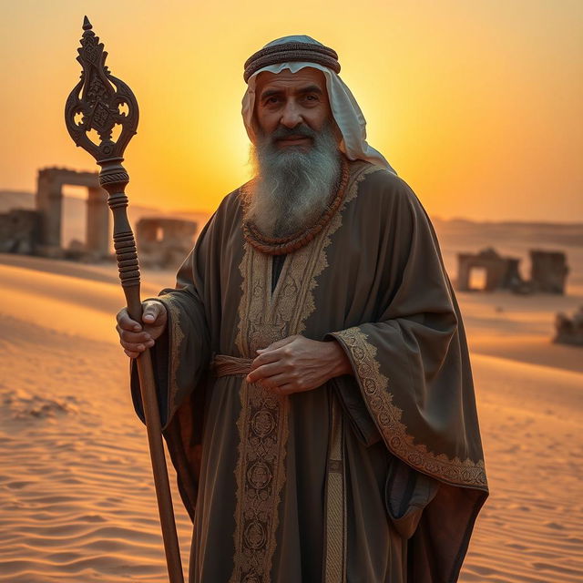 A wise, elderly Arab prophet standing in a desert landscape, wearing traditional flowing robes adorned with intricate gold embroidery