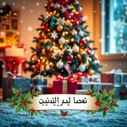 A festive Christmas scene featuring a beautifully decorated tree with sparkling lights and colorful ornaments, surrounded by wrapped presents