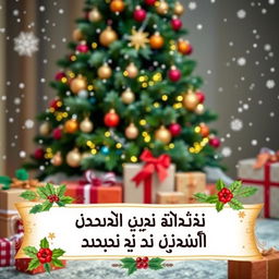A festive Christmas scene featuring a beautifully decorated tree with sparkling lights and colorful ornaments, surrounded by wrapped presents