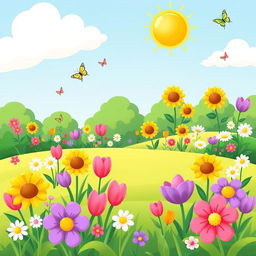 A vibrant and cheerful cartoon illustration of a sunny park scene with lush green grass and a variety of colorful flowers in full bloom