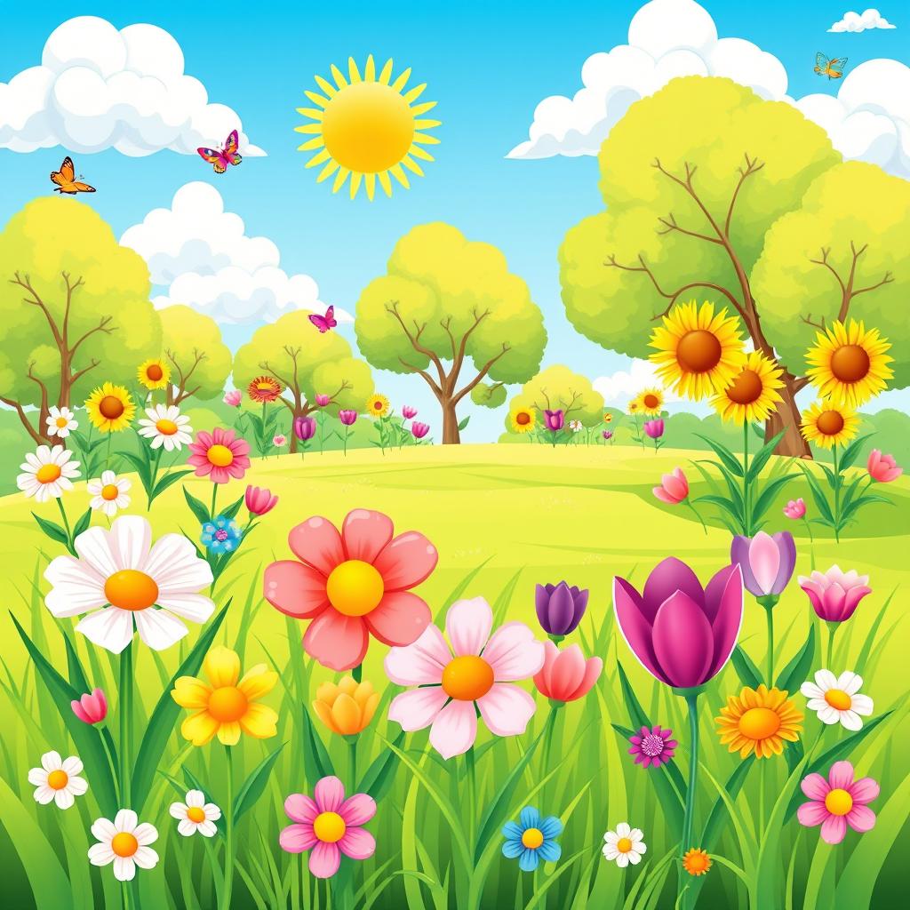 A vibrant and cheerful cartoon illustration of a sunny park scene with lush green grass and a variety of colorful flowers in full bloom