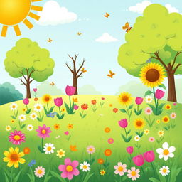 A vibrant and cheerful cartoon illustration of a sunny park scene with lush green grass and a variety of colorful flowers in full bloom