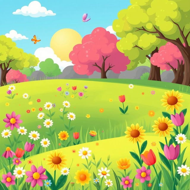 A vibrant and cheerful cartoon illustration of a sunny park scene with lush green grass and a variety of colorful flowers in full bloom