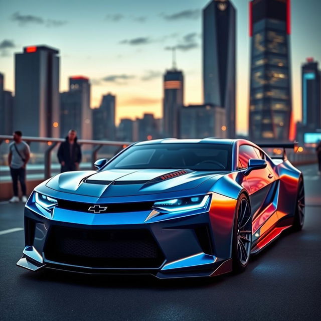 A futuristic concept car design merging the sleek, aggressive aesthetics of a Chevrolet Camaro and a Ford Mustang GT500, set in a high-tech urban environment