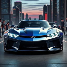 A futuristic concept car design merging the sleek, aggressive aesthetics of a Chevrolet Camaro and a Ford Mustang GT500, set in a high-tech urban environment