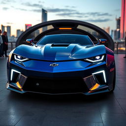 A futuristic concept car design merging the sleek, aggressive aesthetics of a Chevrolet Camaro and a Ford Mustang GT500, set in a high-tech urban environment