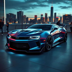 A futuristic concept car design merging the sleek, aggressive aesthetics of a Chevrolet Camaro and a Ford Mustang GT500, set in a high-tech urban environment