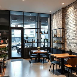 A modern restaurant interior featuring a stunning glass entrance with a height of 3 meters and a width of 3