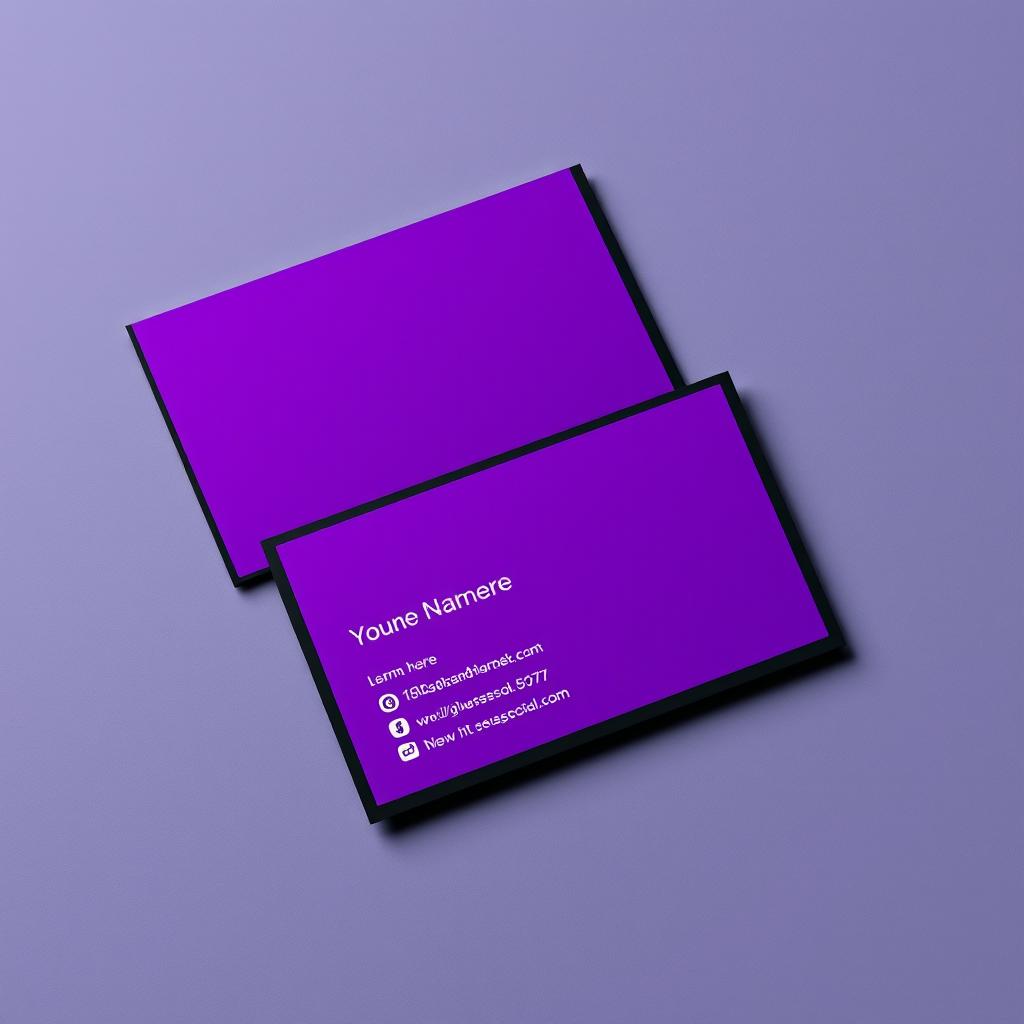 A business card design featuring a rich purple background and a sleek black border