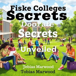 A vibrant and realistic college campus scene featuring diverse students engaged in study groups and using laptops