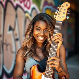 A beautiful dark-skinned woman with light brown hair, holding an electric guitar confidently