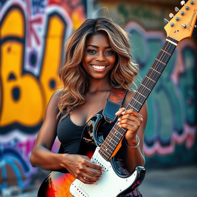 A beautiful dark-skinned woman with light brown hair, holding an electric guitar confidently