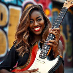 A beautiful dark-skinned woman with light brown hair, holding an electric guitar confidently