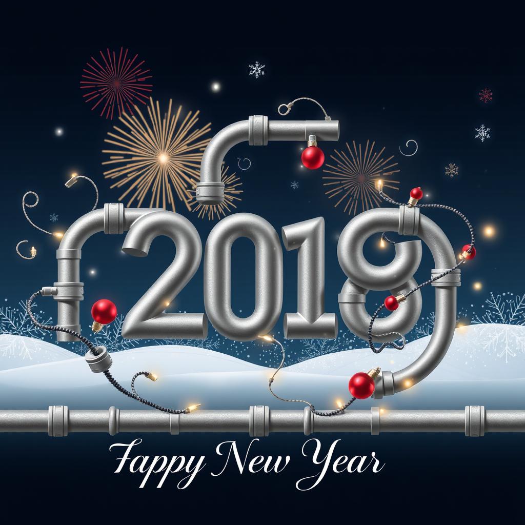 A creative and artistic New Year greeting featuring intricate gray pipes forming various shapes and designs, entwined with holiday decorations like twinkling lights and shiny ornaments