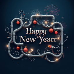 A creative and artistic New Year greeting featuring intricate gray pipes forming various shapes and designs, entwined with holiday decorations like twinkling lights and shiny ornaments