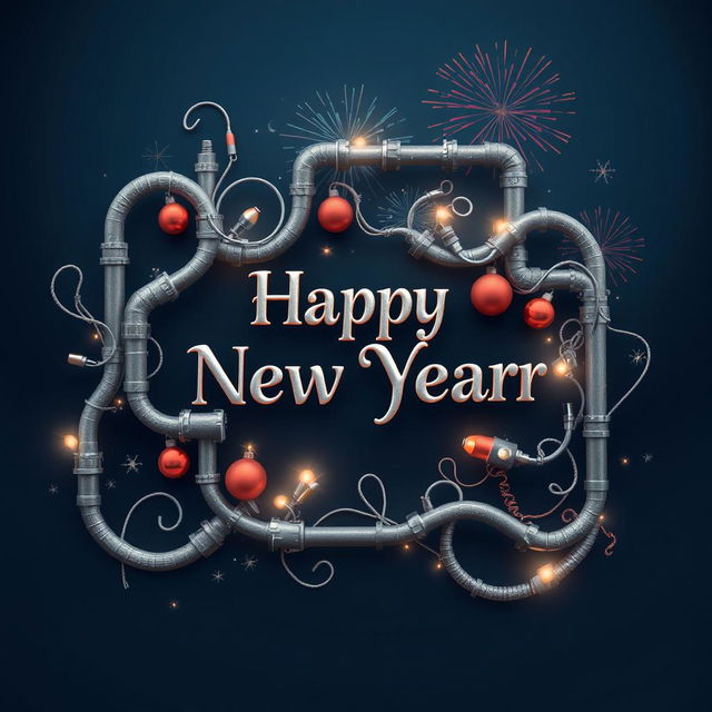 A creative and artistic New Year greeting featuring intricate gray pipes forming various shapes and designs, entwined with holiday decorations like twinkling lights and shiny ornaments