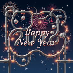 A creative and artistic New Year greeting featuring intricate gray pipes forming various shapes and designs, entwined with holiday decorations like twinkling lights and shiny ornaments