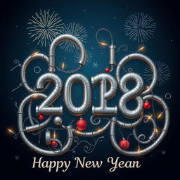 A creative and artistic New Year greeting featuring intricate gray pipes forming various shapes and designs, entwined with holiday decorations like twinkling lights and shiny ornaments