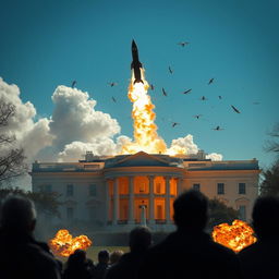 A dramatic scene depicting a missile striking the White House, capturing the intense moment with dynamic clouds of smoke and debris flying in the air
