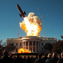 A dramatic scene depicting a missile striking the White House, capturing the intense moment with dynamic clouds of smoke and debris flying in the air