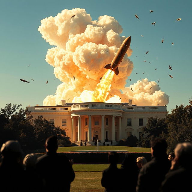 A dramatic scene depicting a missile striking the White House, capturing the intense moment with dynamic clouds of smoke and debris flying in the air